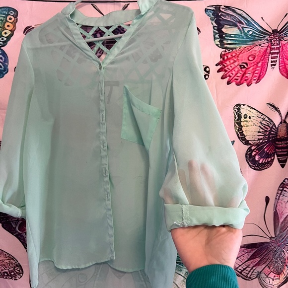Sheer Sea Foam Green Button Up shirt with lattice cut weaving - Picture 5 of 11